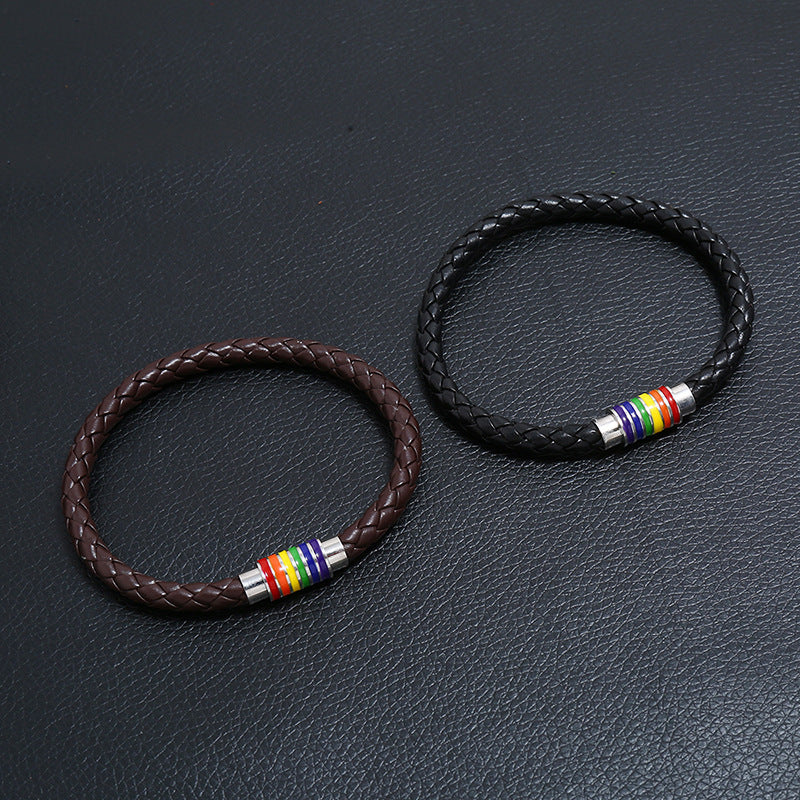 Wholesale Woven Rainbow Copper Magnet Buckle PU Leather Bracelet